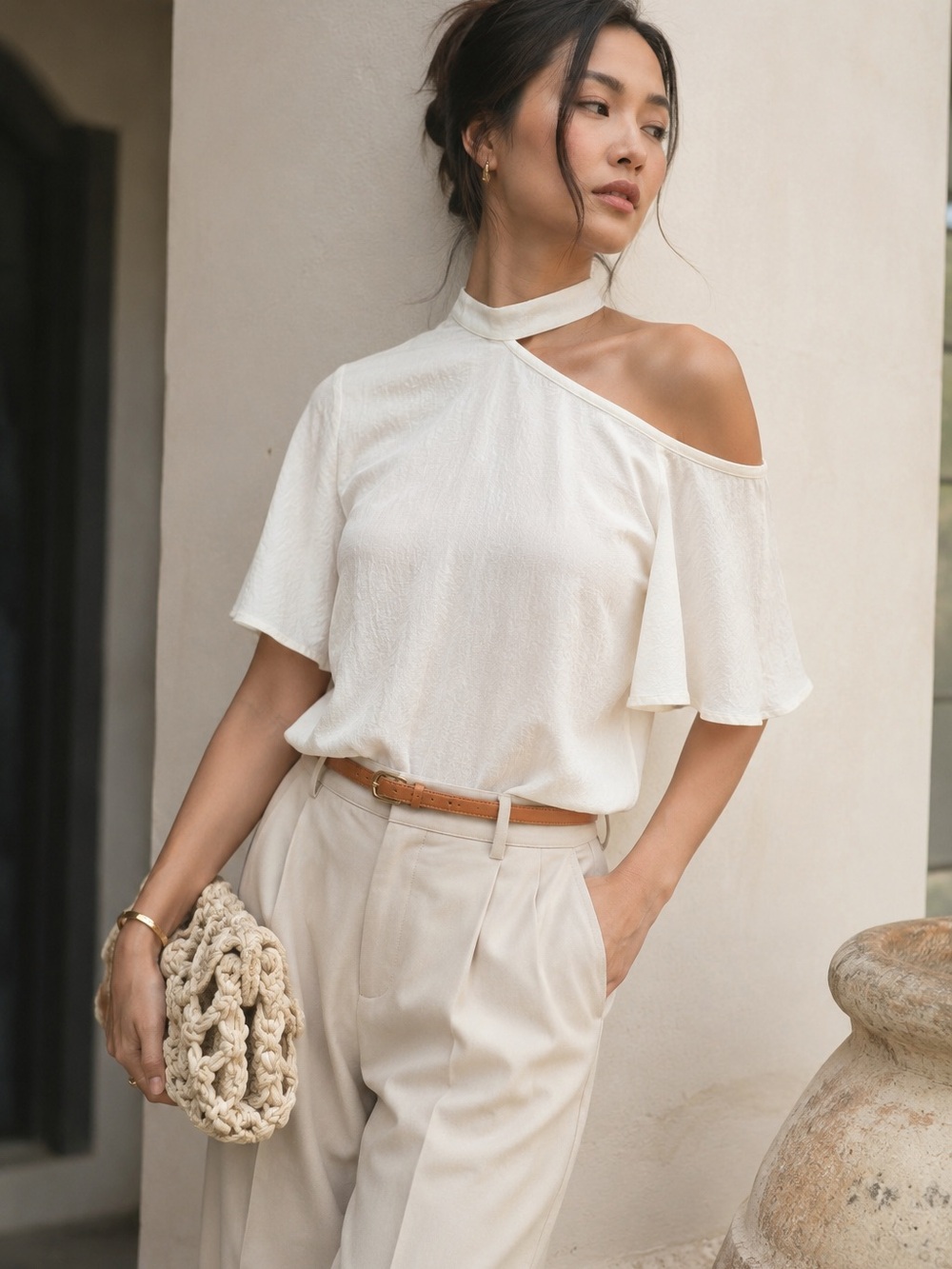 Express Ivory Asymmetrical Cold Shoulder Choker Neck Flutter Sleeve Blouse S